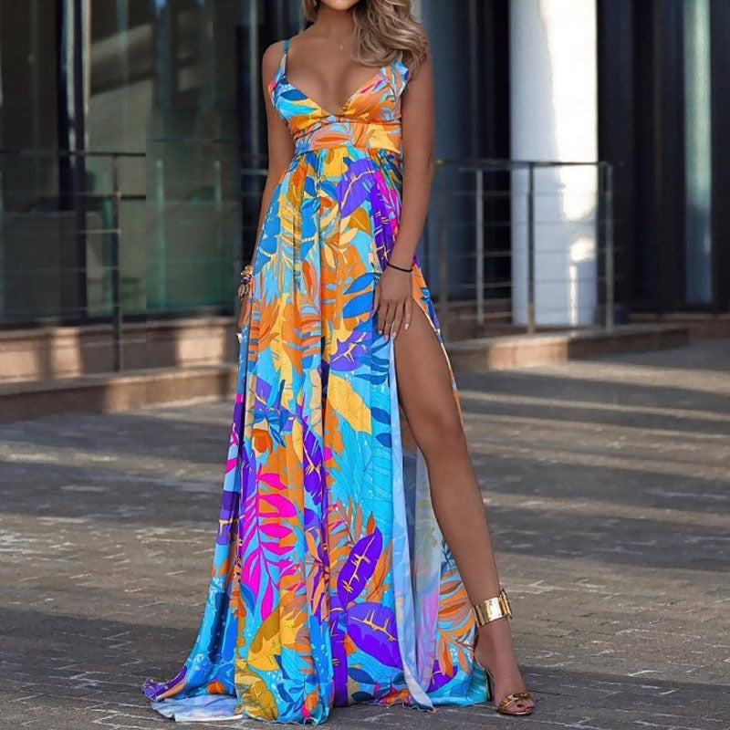 2024 Summer Bohemian Leaf Print Maxi Dress