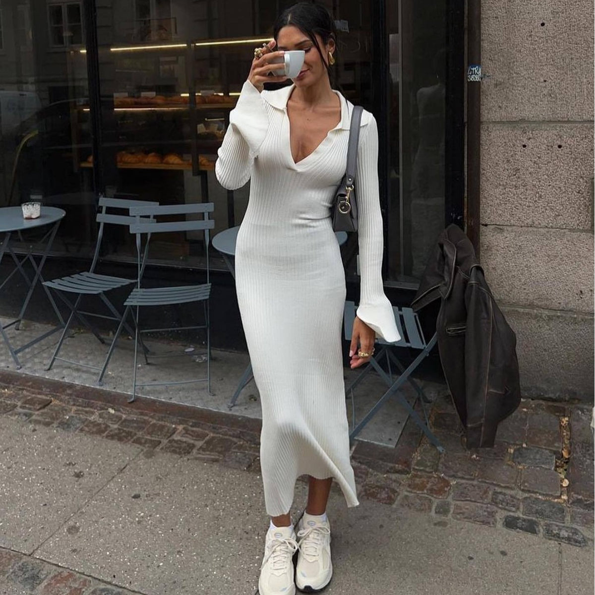 "Women's Long Sleeve Knitted Deep V Dress"