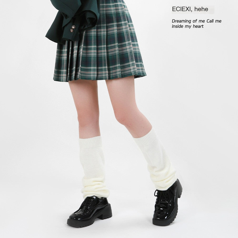 Japanese Style Knee-High Knitted White Socks for Women