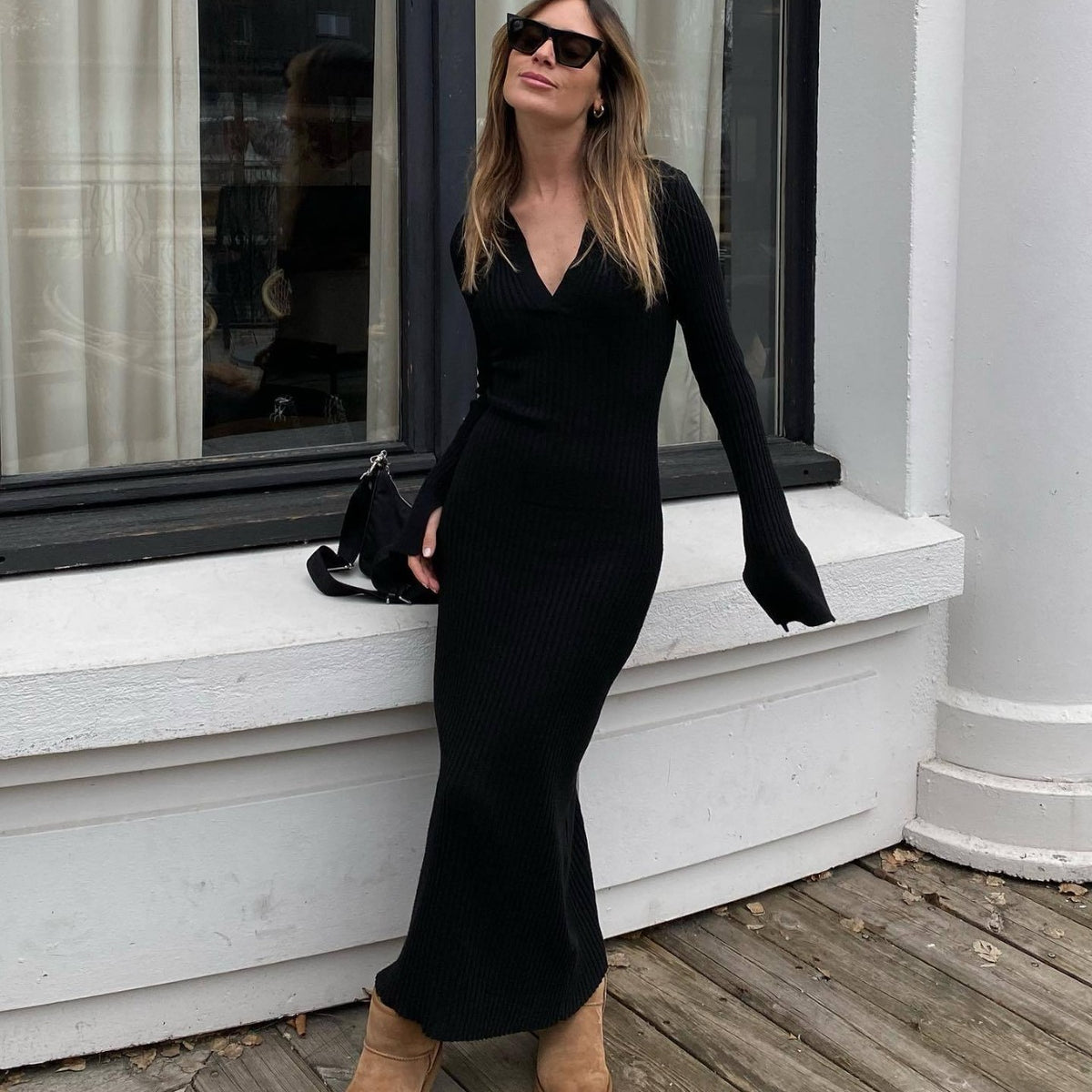 "Women's Long Sleeve Knitted Deep V Dress"