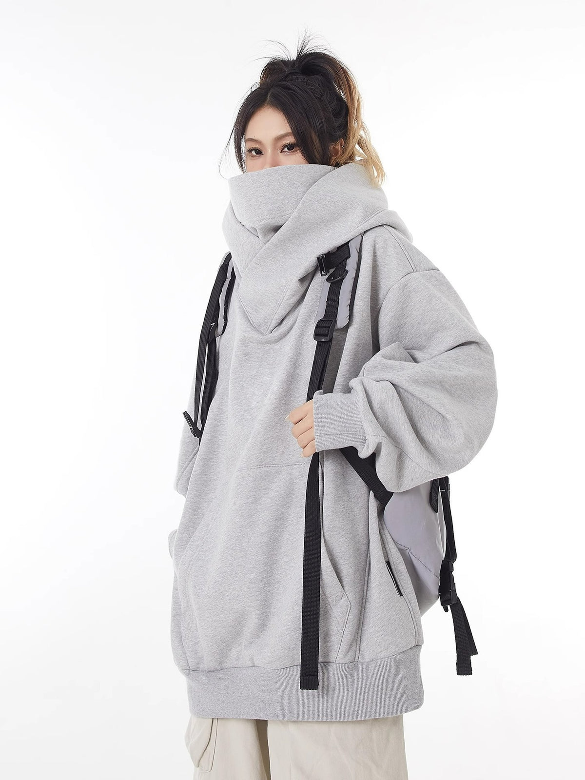 Loose High Collar Fleece Lined Hoodie