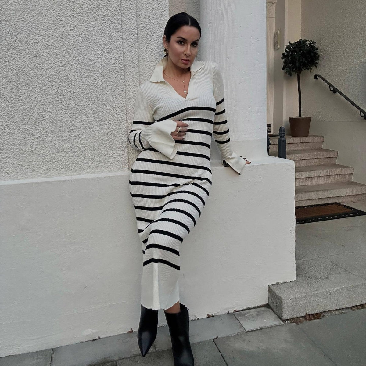 "Women's Long Sleeve Knitted Deep V Dress"